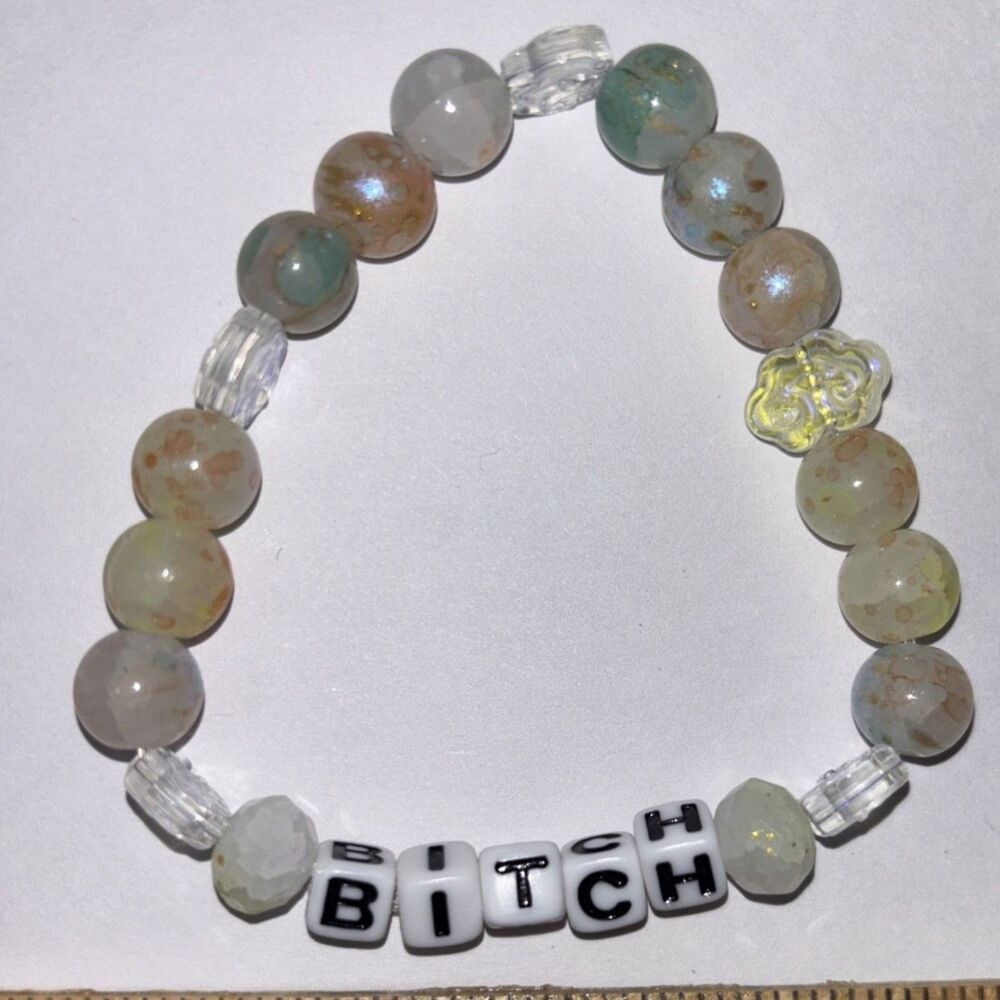 B*tch Beaded Stretch Bracelet Gray Yellow Y2K Handcrafted Adult Humor Jewelry